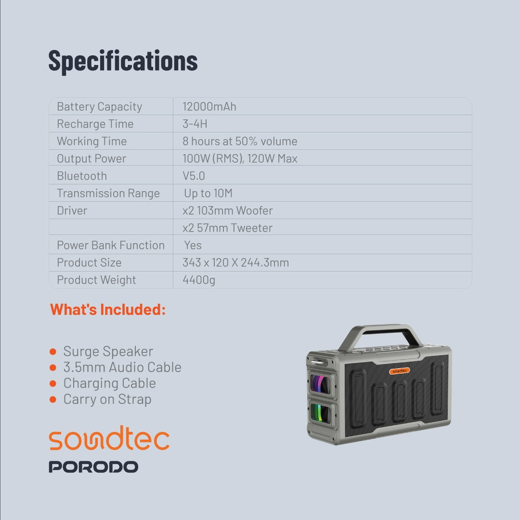 سبيكر بورودو ساوندتيك للحفلات بقدرة 100 واط - اسود | Porodo Soundtec TWS Party Speaker 100W - Black.