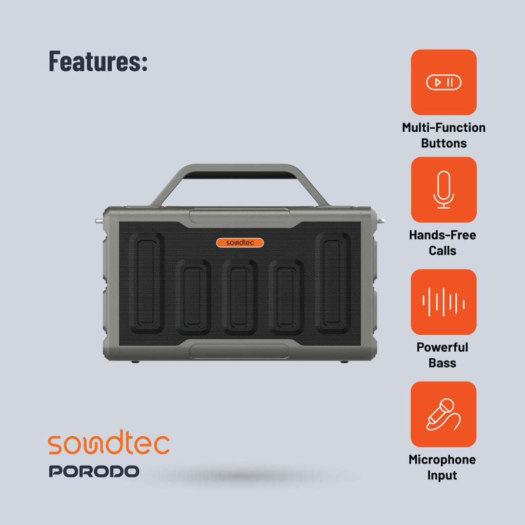 سبيكر بورودو ساوندتيك للحفلات بقدرة 100 واط - اسود | Porodo Soundtec TWS Party Speaker 100W - Black.