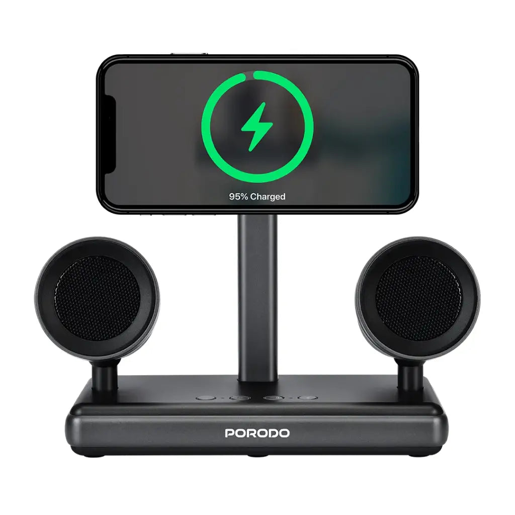 بورودو قاعدة شحن لاسلكية مغناطيسية 2 في 1 بقدرة 15 واط مع مكبر صوت مدمج - اسود | Porodo 15W 2-in-1 Qi2 Magnetic Wireless Charging Station with Built-in Speaker - Black.