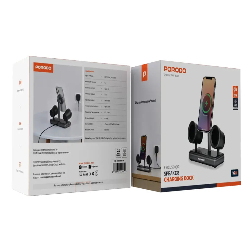 بورودو قاعدة شحن لاسلكية مغناطيسية 2 في 1 بقدرة 15 واط مع مكبر صوت مدمج - اسود | Porodo 15W 2-in-1 Qi2 Magnetic Wireless Charging Station with Built-in Speaker - Black.