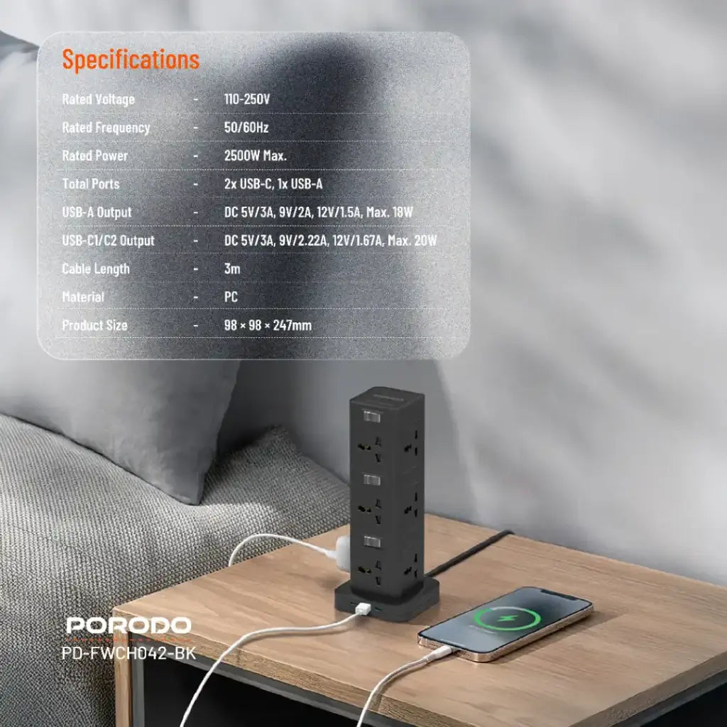 Bircê Hêzê ya Porodo 12-Port bi USB-C PD û QC 3.0, Kabloya 3m - Reş | Bircê Soketê ya Porodo PD20W QC 3.0 1A + 2 Tîpa C 3M - Reş