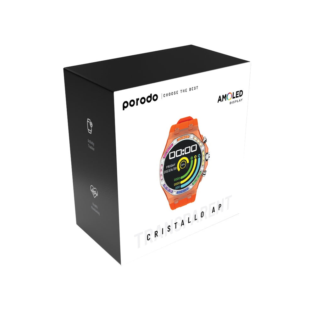 ساعة بورودو كريستالو الشفافة الذكية مع شاشة اموليد |  Porodo Transparent Cristallo AP Smartwatch AMOLED Display.