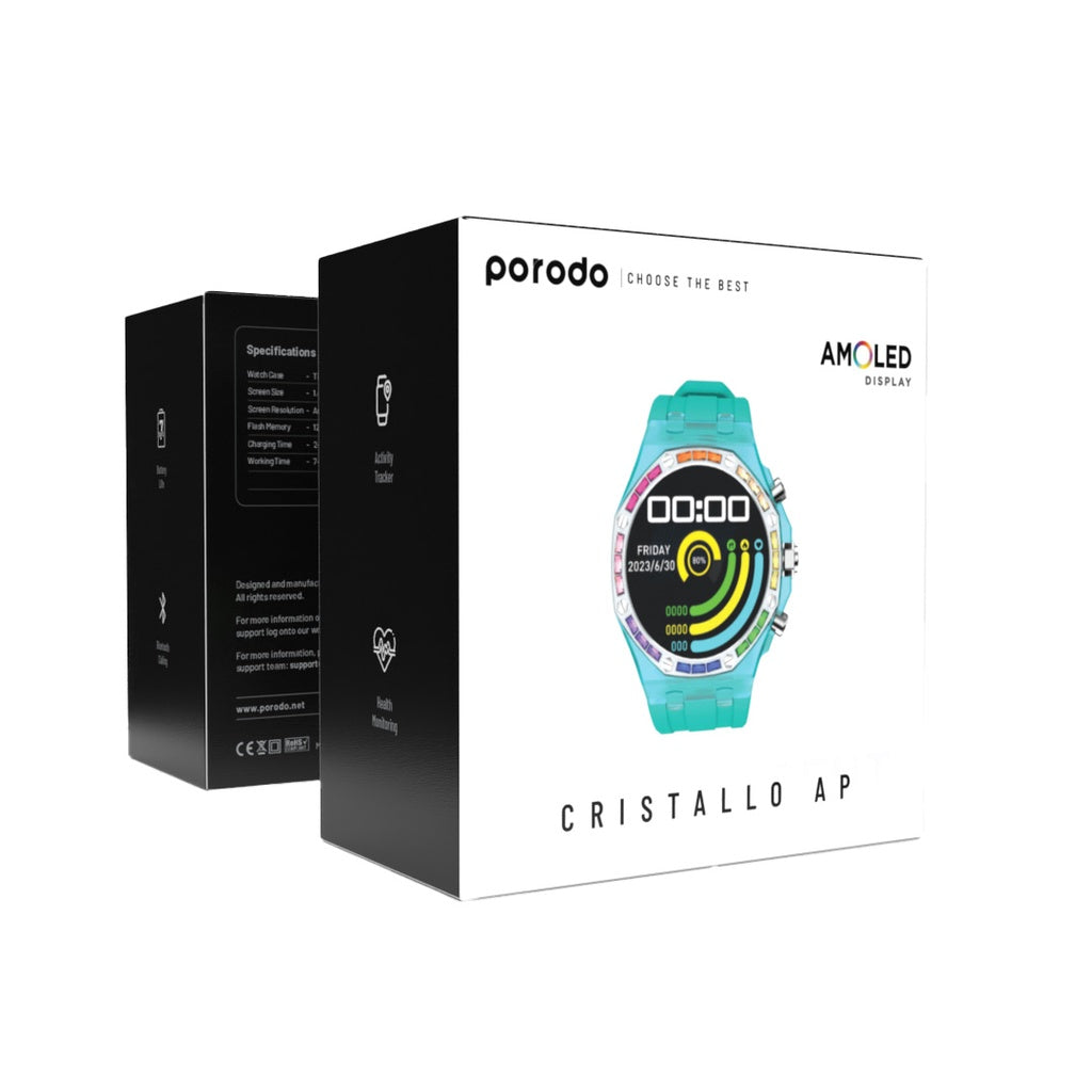 ساعة ذكية بشاشة شفافة من بورودو كريستالو مع سوار اضافي ازرق - ازرق | Porodo Cristallo AP Smart Watch Transparent Dial w/ Extra Blue Silicone Band - Blue