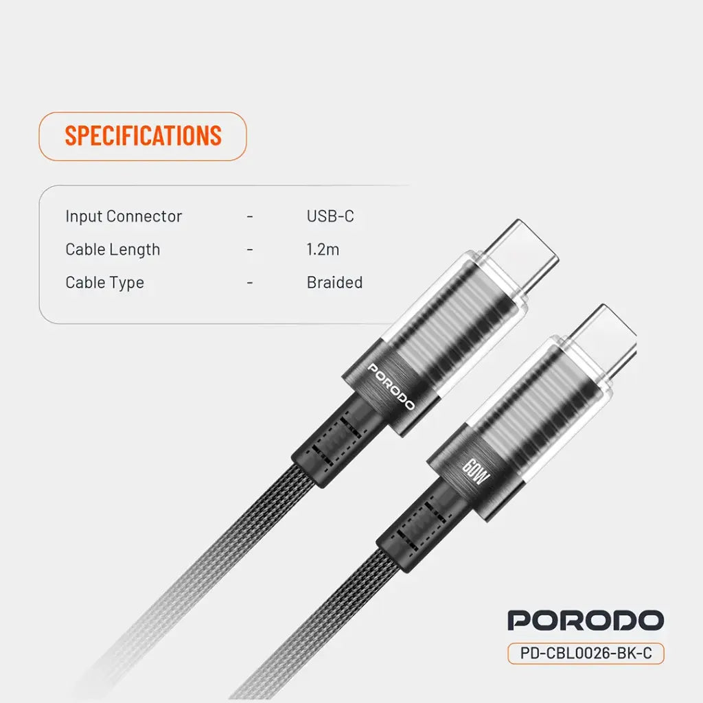 كيبل بورودو المضفر برأس شفاف من يو اس بي سي الى يو اس بي سي بطول 1.2 متر, شحن سريع بقدرة 60 واط - اسود | Porodo Braided 60W PD C to C Fast Charging Cable with Transparent Head 1.2M - Black.