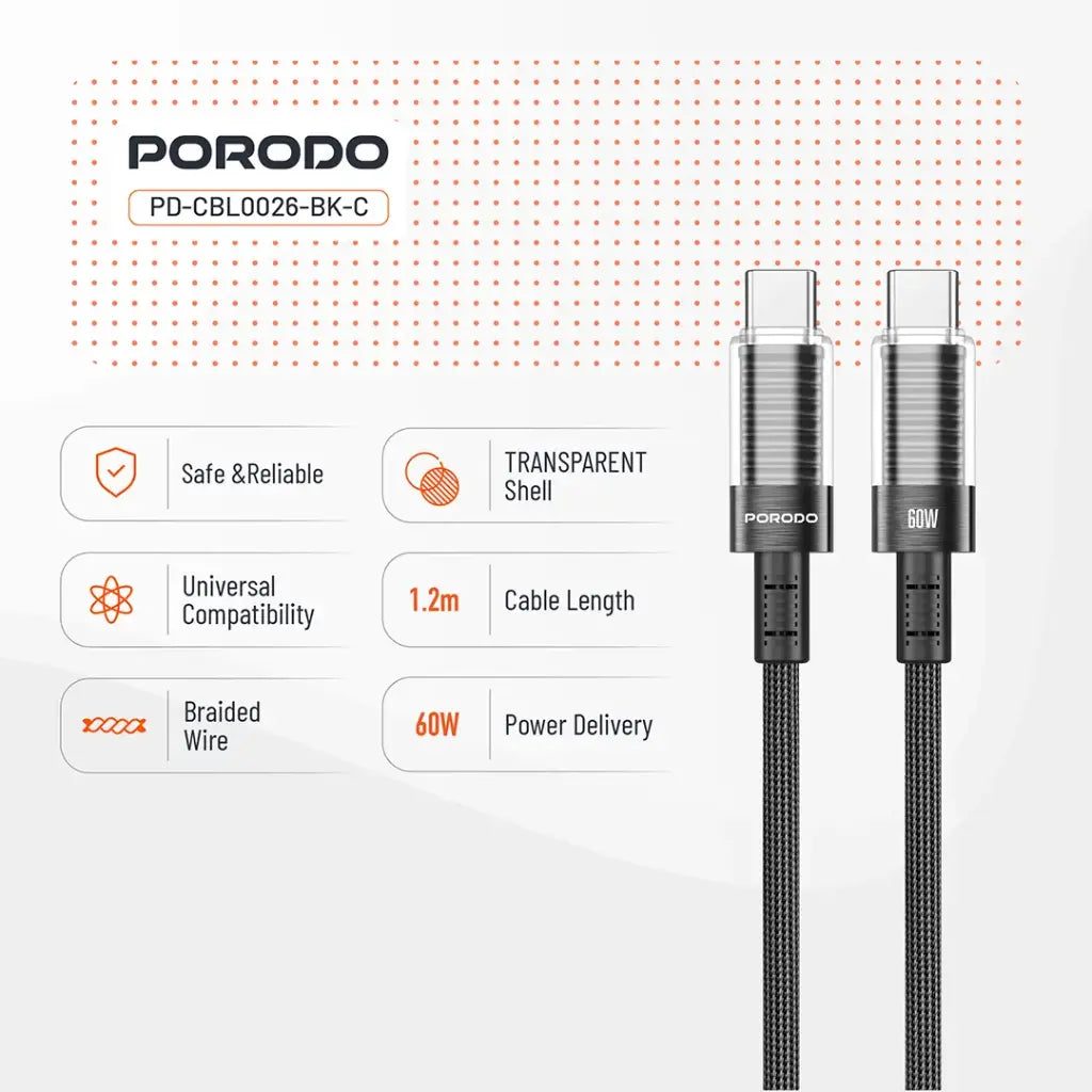 كيبل بورودو المضفر برأس شفاف من يو اس بي سي الى يو اس بي سي بطول 1.2 متر, شحن سريع بقدرة 60 واط - اسود | Porodo Braided 60W PD C to C Fast Charging Cable with Transparent Head 1.2M - Black.