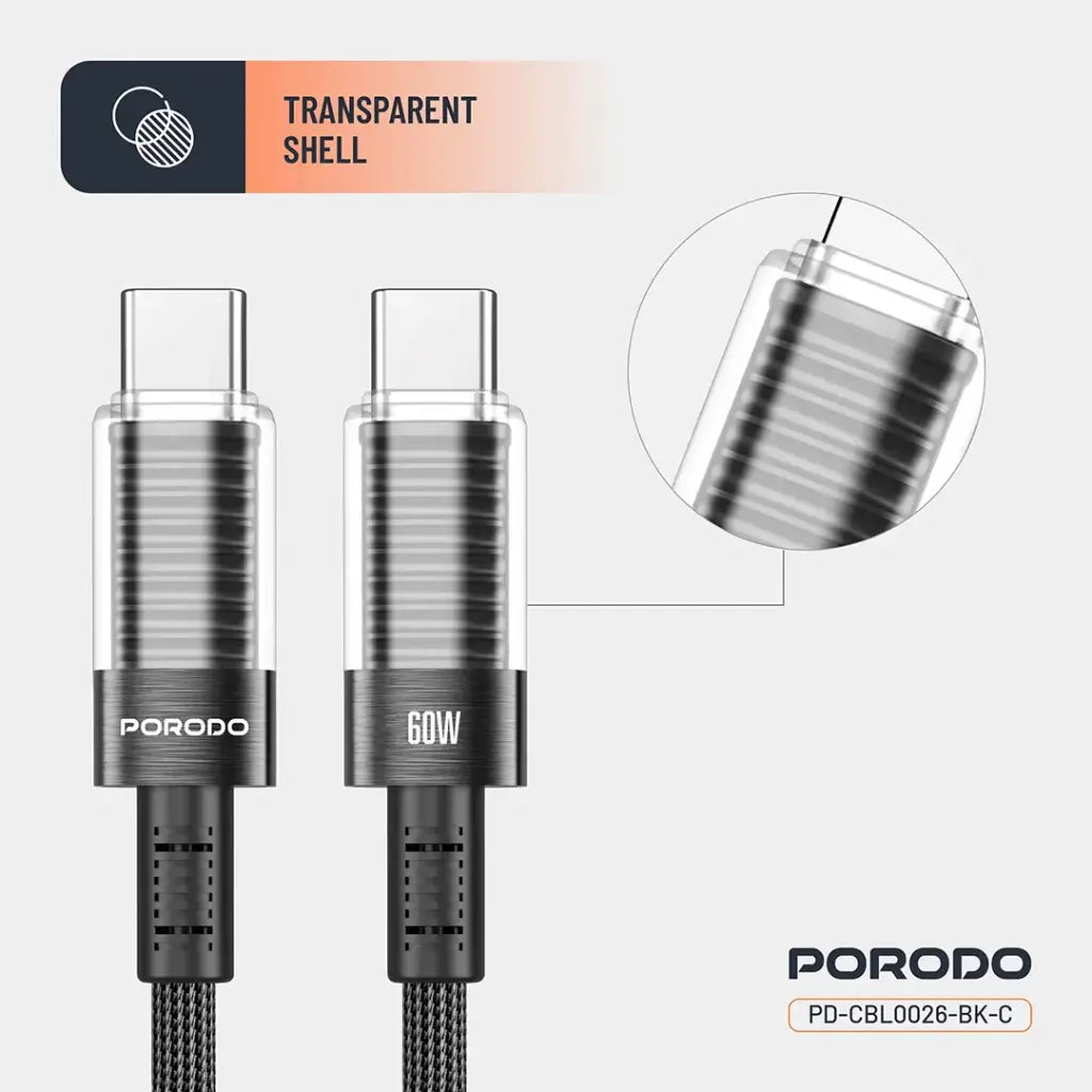 كيبل بورودو المضفر برأس شفاف من يو اس بي سي الى يو اس بي سي بطول 1.2 متر, شحن سريع بقدرة 60 واط - اسود | Porodo Braided 60W PD C to C Fast Charging Cable with Transparent Head 1.2M - Black.