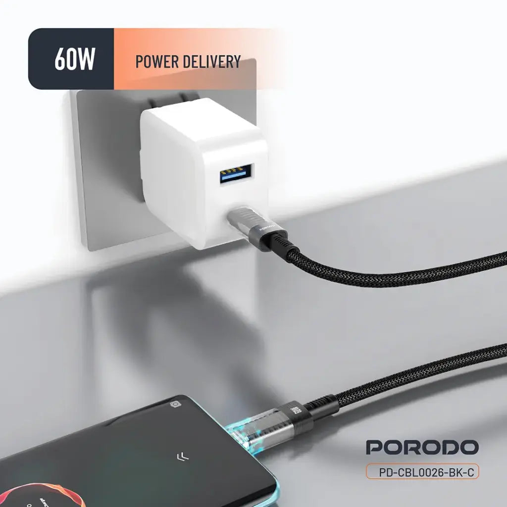 كيبل بورودو المضفر برأس شفاف من يو اس بي سي الى يو اس بي سي بطول 1.2 متر, شحن سريع بقدرة 60 واط - اسود | Porodo Braided 60W PD C to C Fast Charging Cable with Transparent Head 1.2M - Black.
