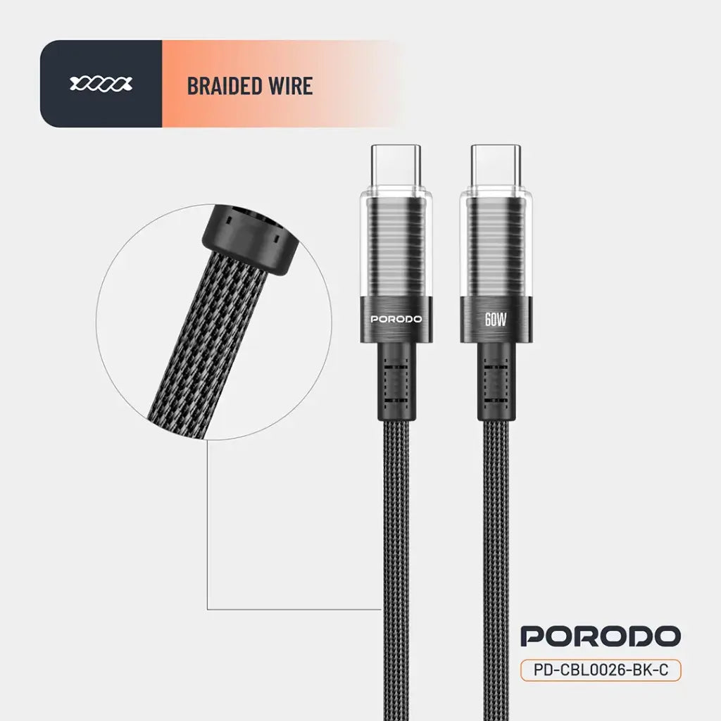 كيبل بورودو المضفر برأس شفاف من يو اس بي سي الى يو اس بي سي بطول 1.2 متر, شحن سريع بقدرة 60 واط - اسود | Porodo Braided 60W PD C to C Fast Charging Cable with Transparent Head 1.2M - Black.