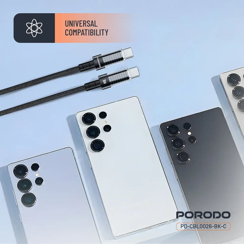 كيبل بورودو المضفر برأس شفاف من يو اس بي سي الى يو اس بي سي بطول 1.2 متر, شحن سريع بقدرة 60 واط - اسود | Porodo Braided 60W PD C to C Fast Charging Cable with Transparent Head 1.2M - Black.