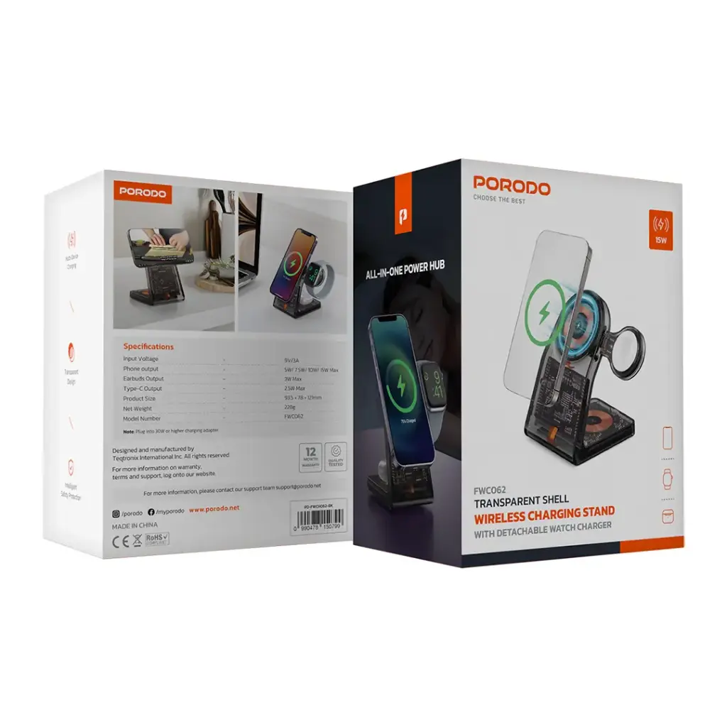 بورودو شاحن لاسلكي مغناطيسي متعدد الوظائف بقدرة شحن لاسلكي 15 واط - اسود | Porodo 15W All-in-One Transparent Glass Lenses Multifunctional Magnetic Wireless Charging Stand - Black