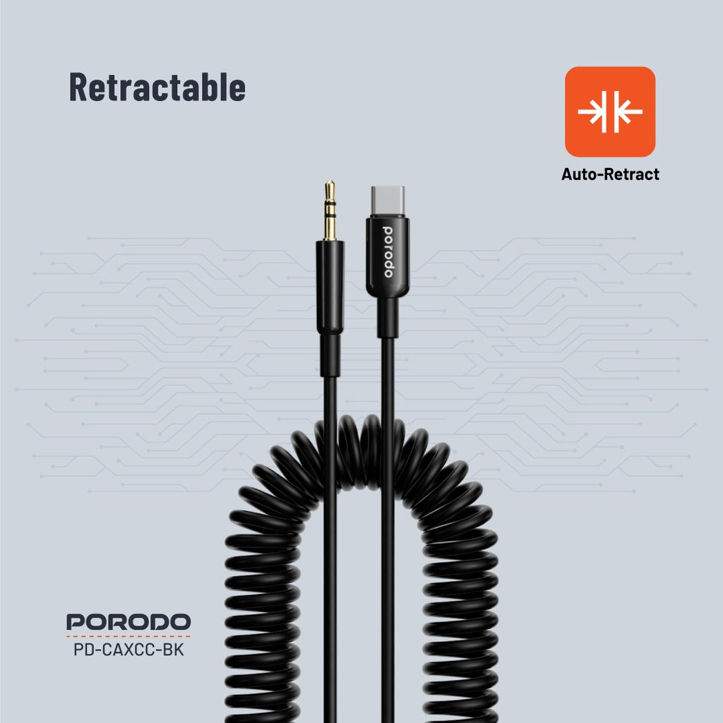 كيبل بورودو تايب سي الى AUX بطول 1.2 متر - اسود | Porodo Type-C to 3.5mm AUX Coil Audio Cable 1.2M – Black