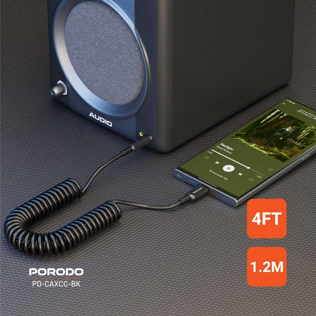 كيبل بورودو تايب سي الى AUX بطول 1.2 متر - اسود | Porodo Type-C to 3.5mm AUX Coil Audio Cable 1.2M – Black