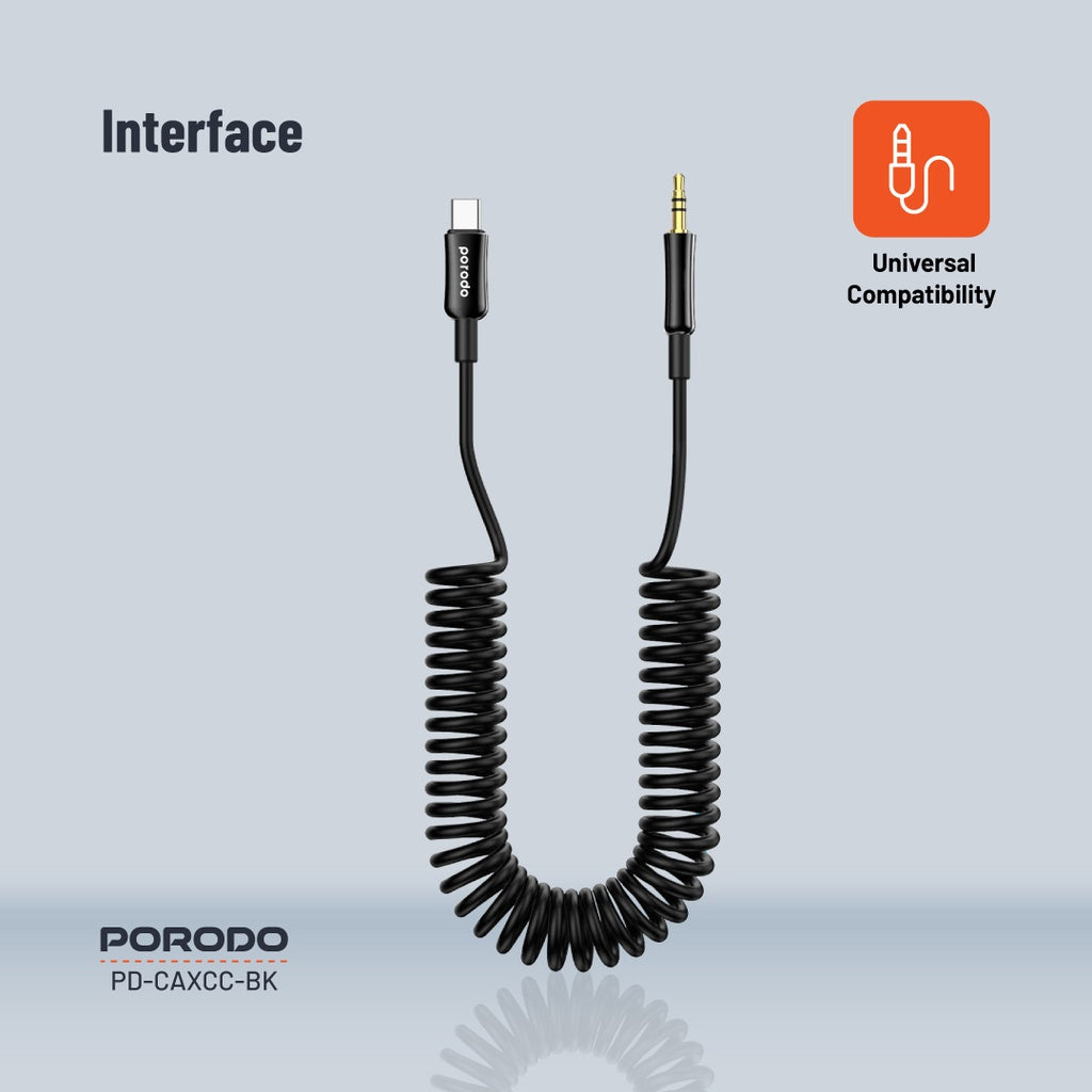 كيبل بورودو تايب سي الى AUX بطول 1.2 متر - اسود | Porodo Type-C to 3.5mm AUX Coil Audio Cable 1.2M – Black