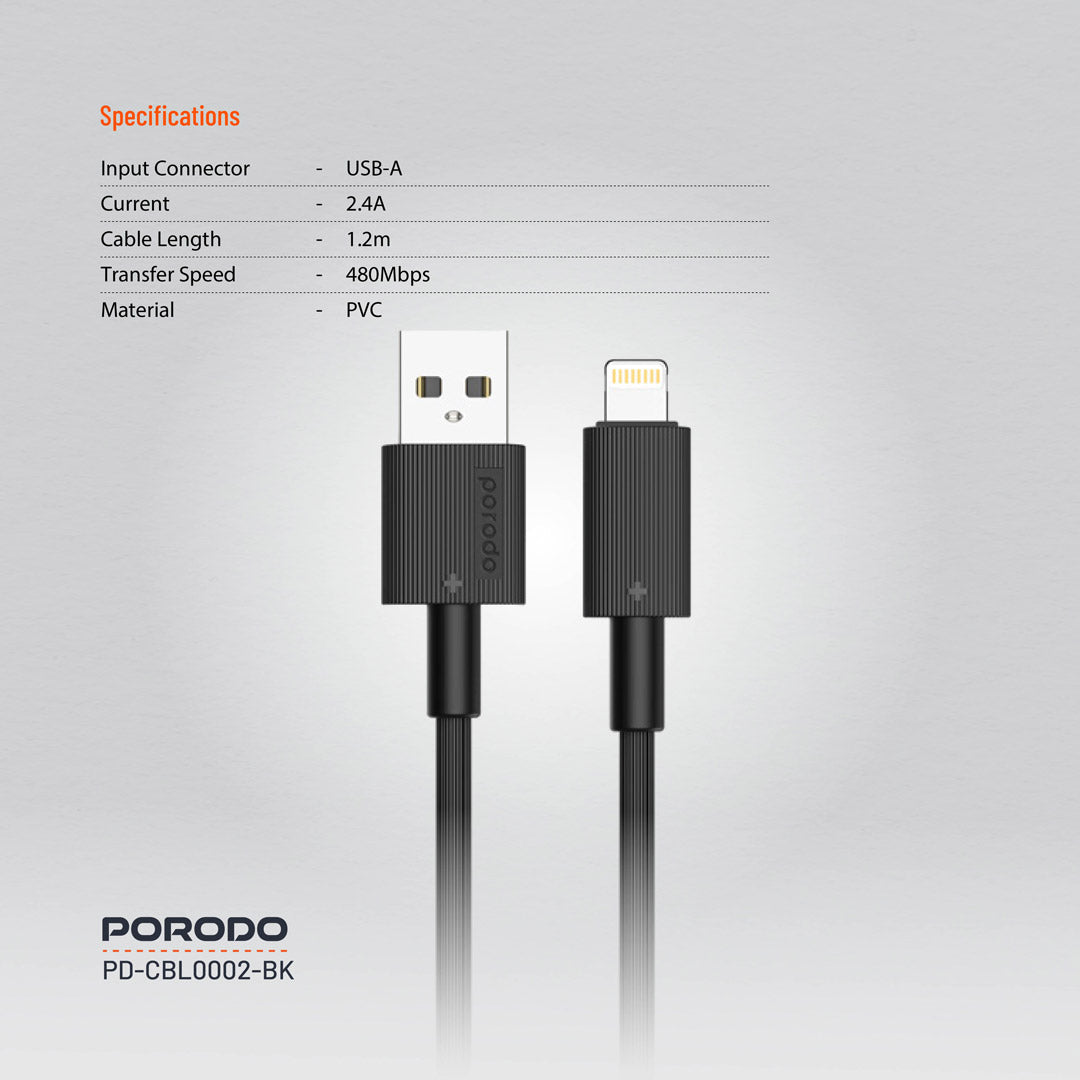 كيبل بورودو من يو اس بي اي الى لايتننغ بطول 1.2 متر, يدعم شحن سريع | Porodo USB-A to Lightning PVC Cable 1.2M – 2.4A Fast Charging
