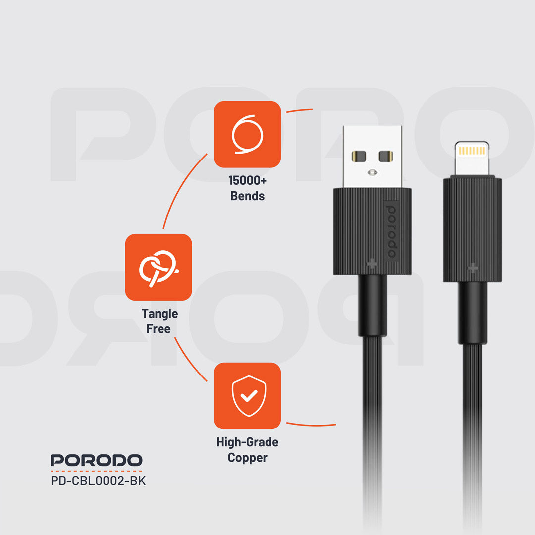 كيبل بورودو من يو اس بي اي الى لايتننغ بطول 1.2 متر, يدعم شحن سريع | Porodo USB-A to Lightning PVC Cable 1.2M – 2.4A Fast Charging