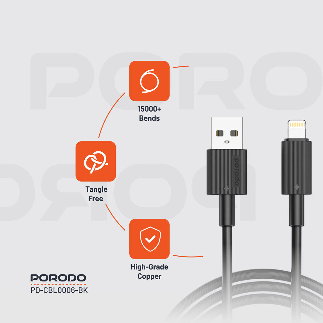 كيبل بورودو يو اس بي اي الى لايتننغ بطول 3 متر, شحن سريع | Porodo USB-A to Lightning PVC Cable 3M.