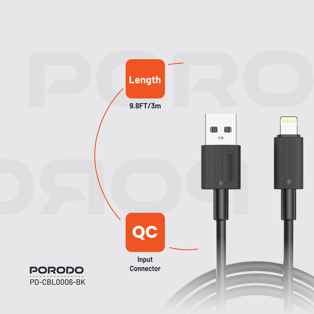 كيبل بورودو يو اس بي اي الى لايتننغ بطول 3 متر, شحن سريع | Porodo USB-A to Lightning PVC Cable 3M.