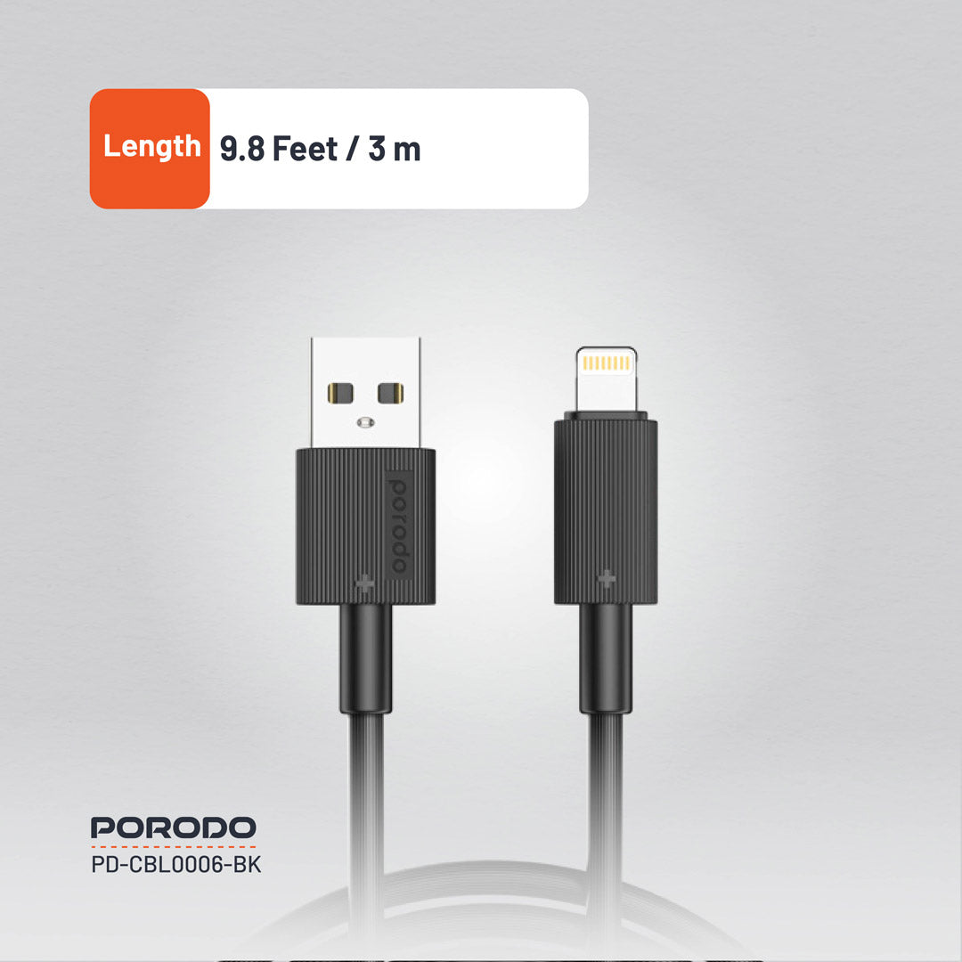كيبل بورودو يو اس بي اي الى لايتننغ بطول 3 متر, شحن سريع | Porodo USB-A to Lightning PVC Cable 3M.