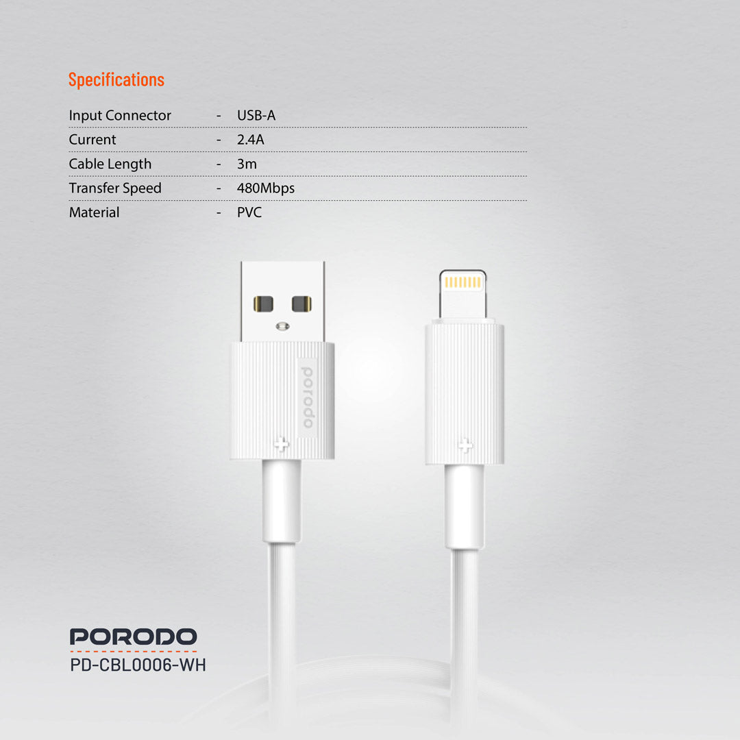 كيبل بورودو يو اس بي اي الى لايتننغ بطول 3 متر, شحن سريع | Porodo USB-A to Lightning PVC Cable 3M.