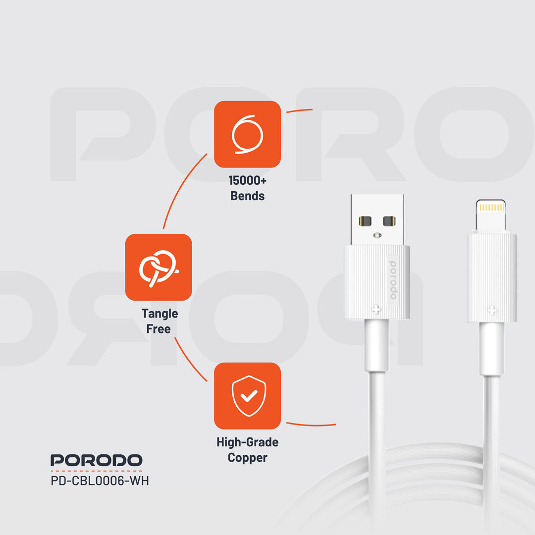 كيبل بورودو يو اس بي اي الى لايتننغ بطول 3 متر, شحن سريع | Porodo USB-A to Lightning PVC Cable 3M.