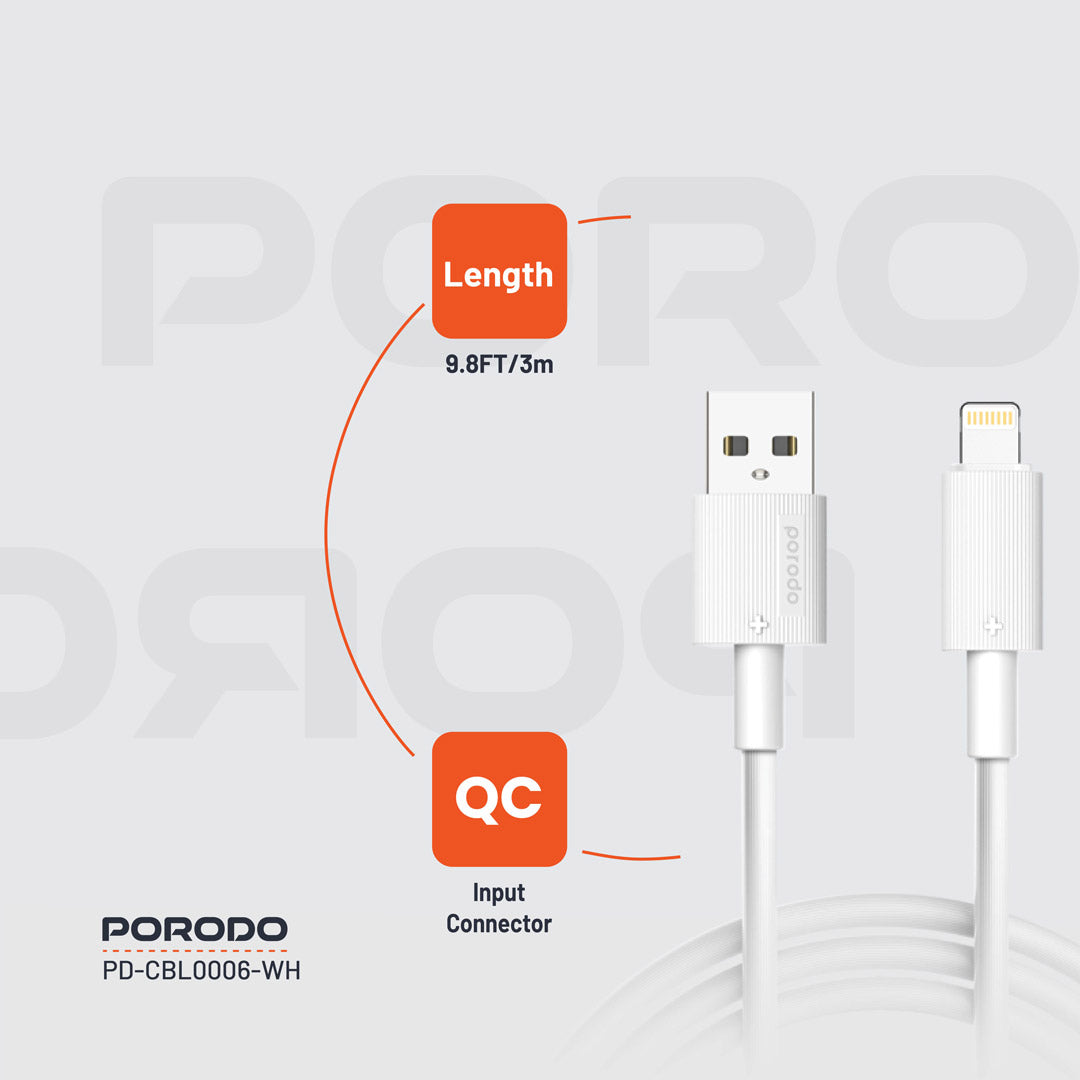 كيبل بورودو يو اس بي اي الى لايتننغ بطول 3 متر, شحن سريع | Porodo USB-A to Lightning PVC Cable 3M.
