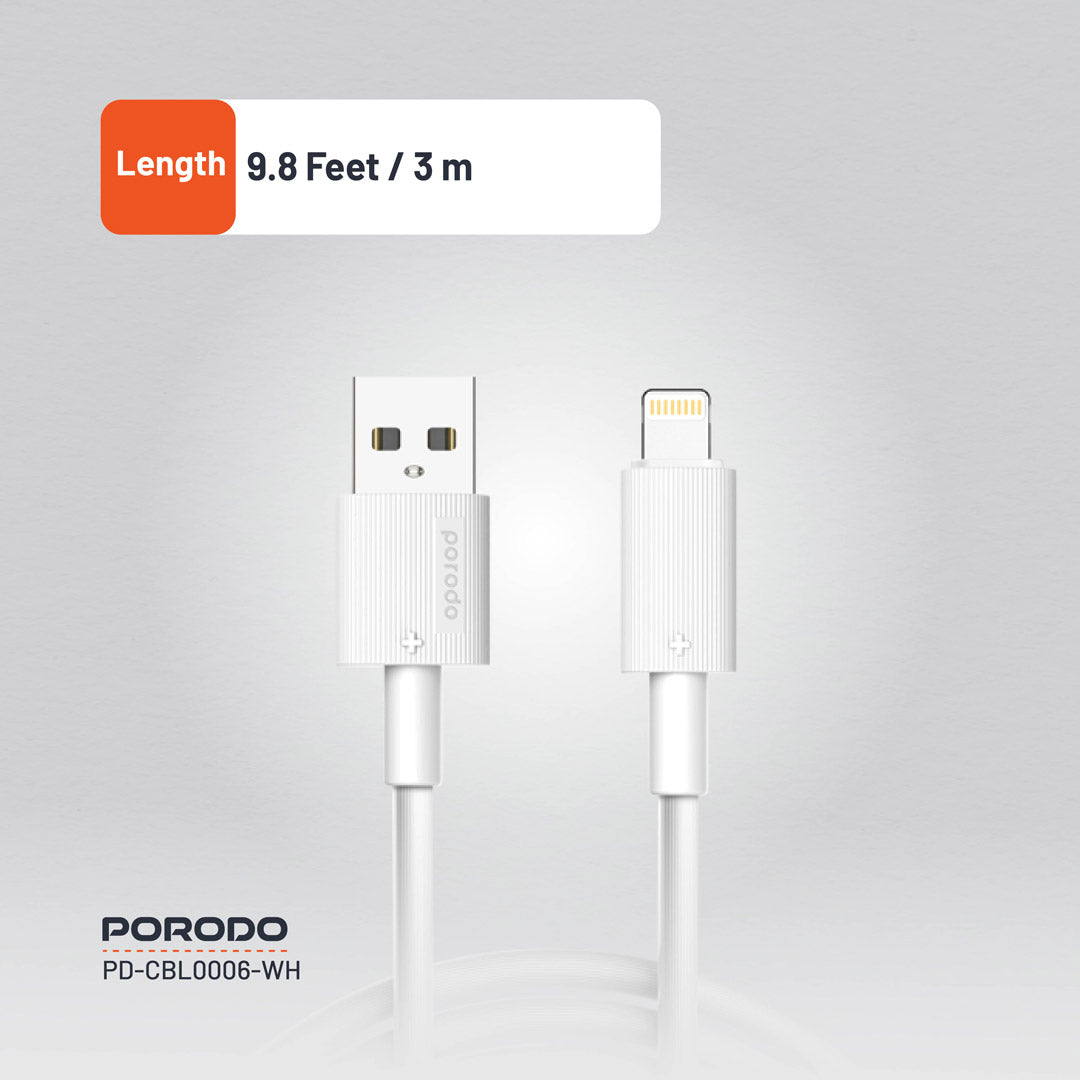 كيبل بورودو يو اس بي اي الى لايتننغ بطول 3 متر, شحن سريع | Porodo USB-A to Lightning PVC Cable 3M.