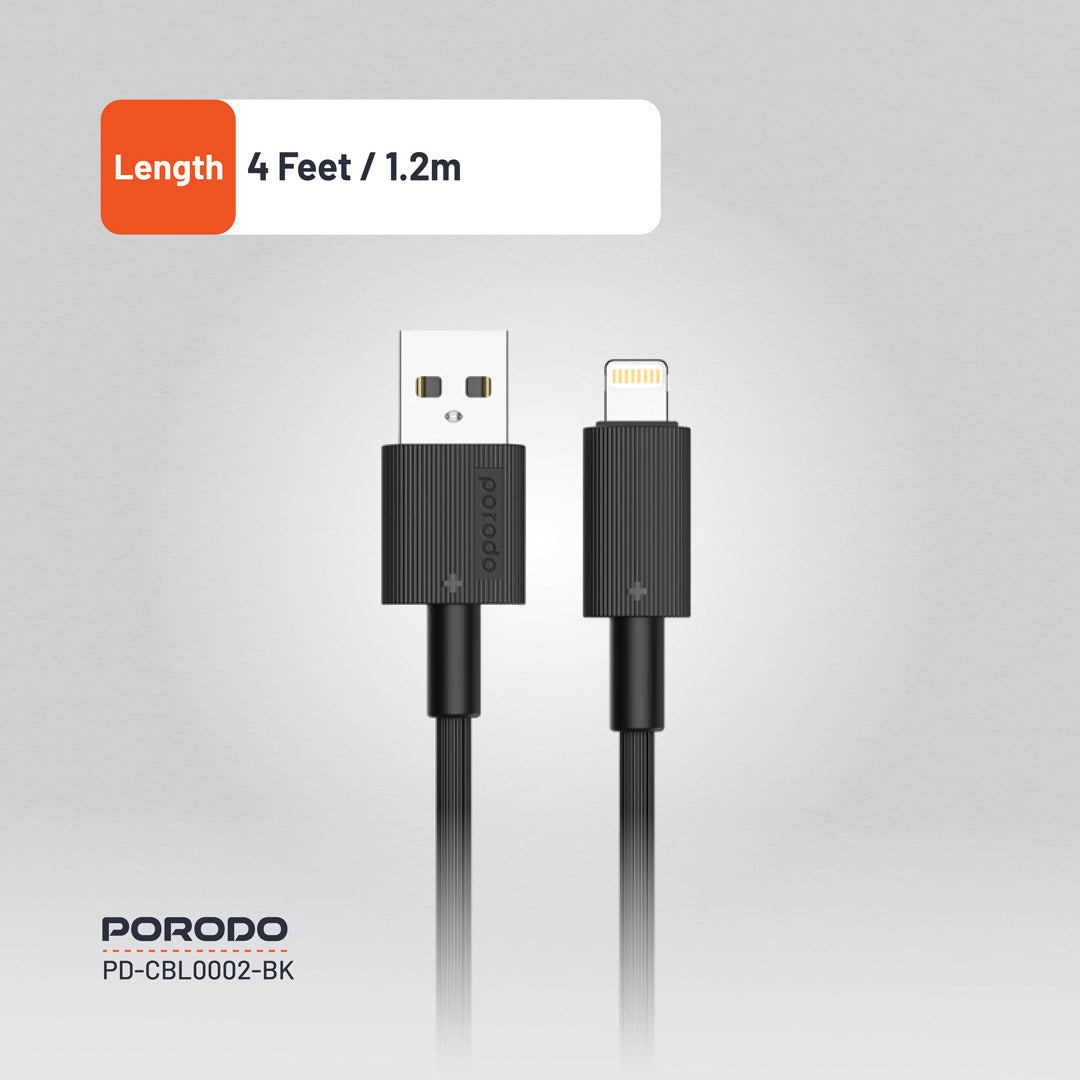 كيبل بورودو من يو اس بي اي الى لايتننغ بطول 1.2 متر, يدعم شحن سريع | Porodo USB-A to Lightning PVC Cable 1.2M – 2.4A Fast Charging