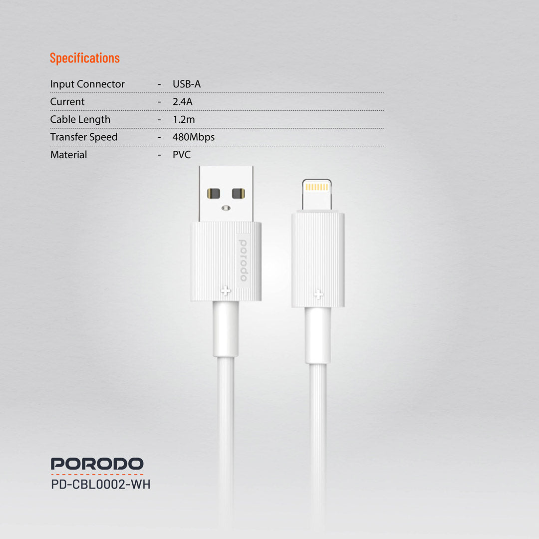 كيبل بورودو من يو اس بي اي الى لايتننغ بطول 1.2 متر, يدعم شحن سريع | Porodo USB-A to Lightning PVC Cable 1.2M – 2.4A Fast Charging