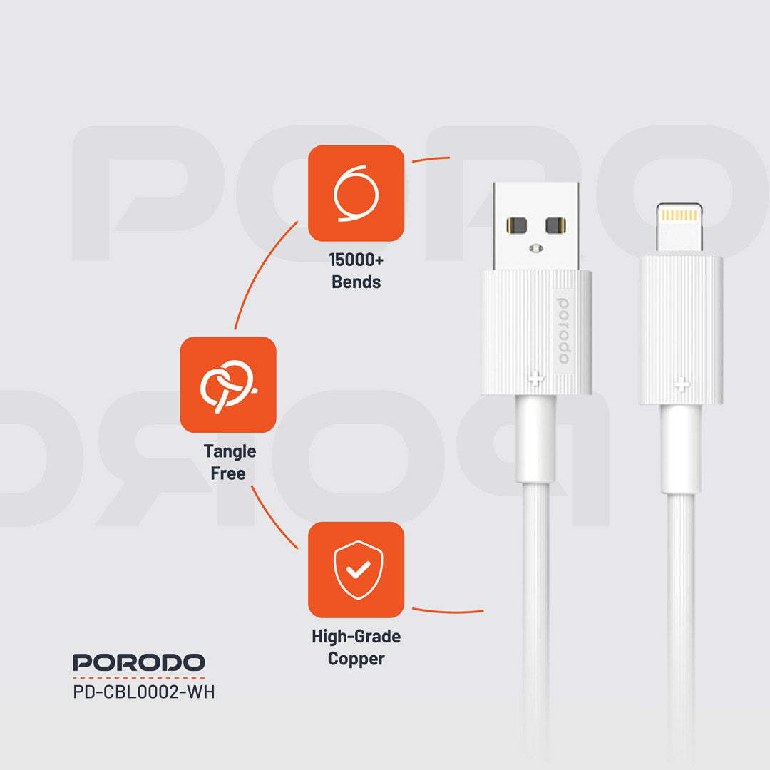 كيبل بورودو من يو اس بي اي الى لايتننغ بطول 1.2 متر, يدعم شحن سريع | Porodo USB-A to Lightning PVC Cable 1.2M – 2.4A Fast Charging