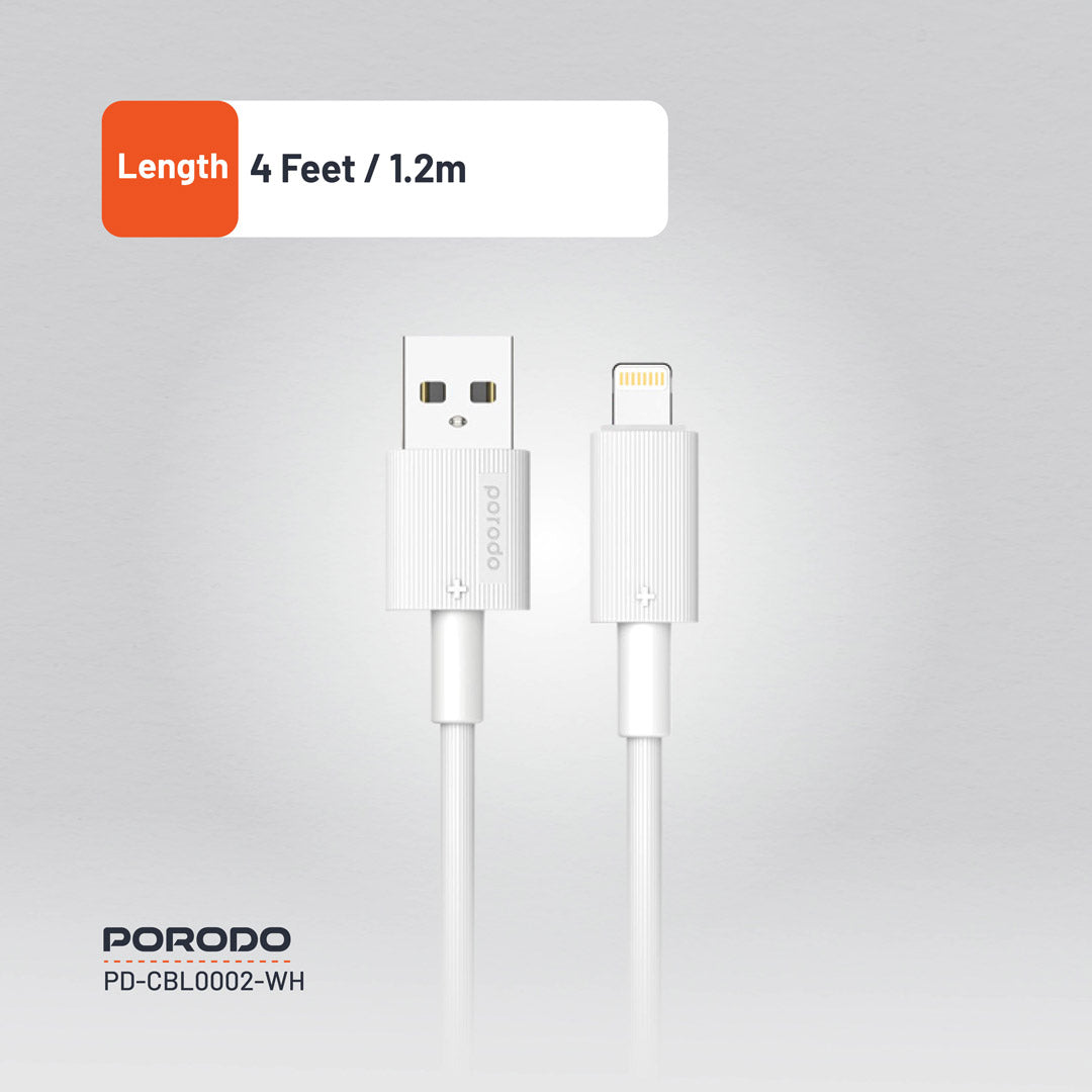 كيبل بورودو من يو اس بي اي الى لايتننغ بطول 1.2 متر, يدعم شحن سريع | Porodo USB-A to Lightning PVC Cable 1.2M – 2.4A Fast Charging