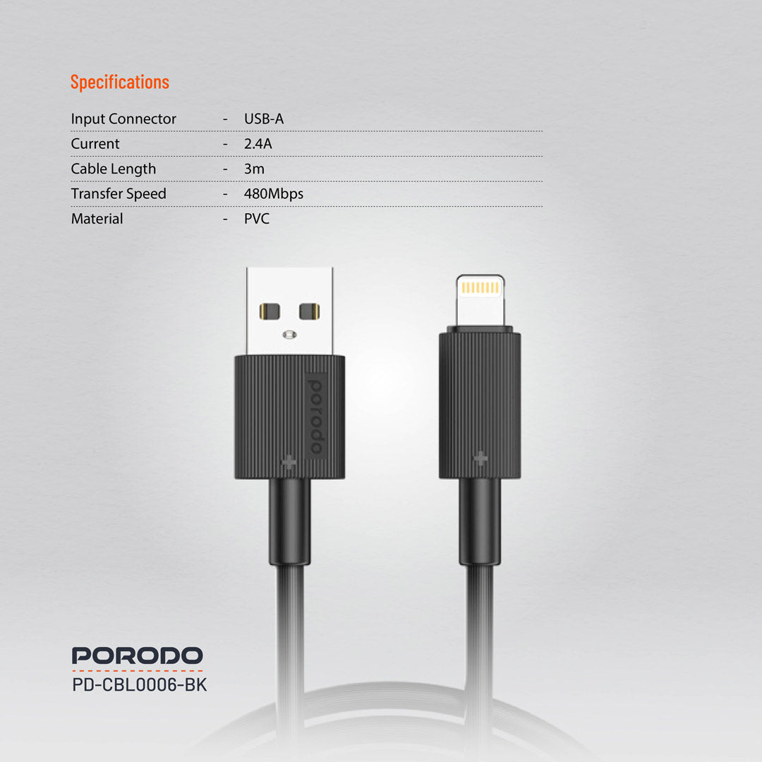 كيبل بورودو يو اس بي اي الى لايتننغ بطول 3 متر, شحن سريع | Porodo USB-A to Lightning PVC Cable 3M.