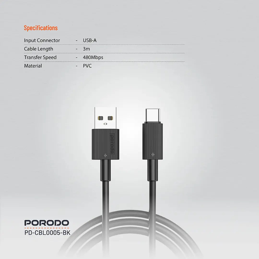 كيبل بورودو يو اس بي اي الى يو اس بي سي بطول 3 متر, شحن سريع | Porodo USB-A to USB-C Durable Charging Cable 3M.