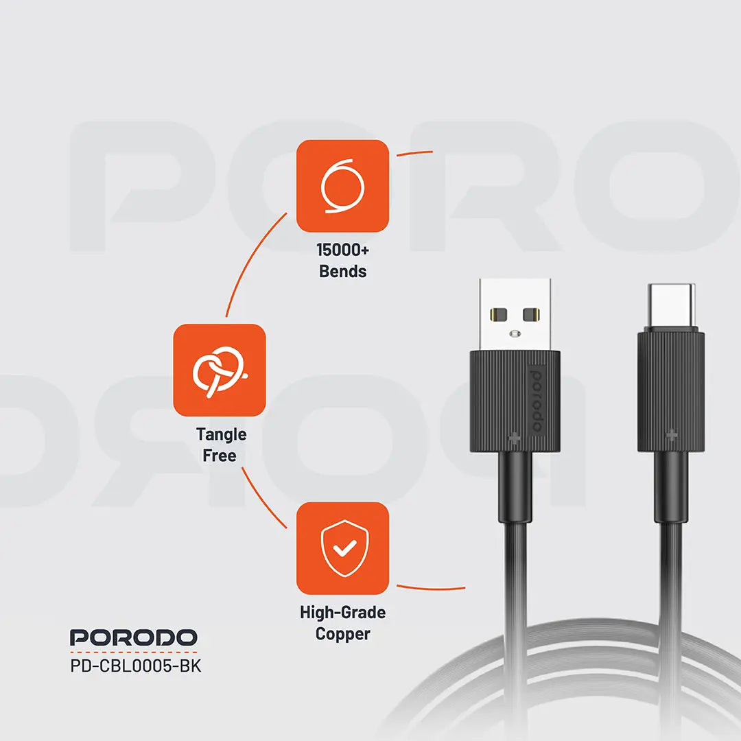 كيبل بورودو يو اس بي اي الى يو اس بي سي بطول 3 متر, شحن سريع | Porodo USB-A to USB-C Durable Charging Cable 3M.