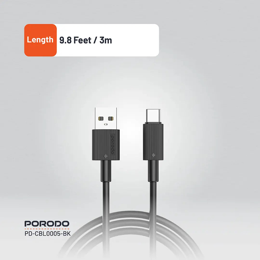 كيبل بورودو يو اس بي اي الى يو اس بي سي بطول 3 متر, شحن سريع | Porodo USB-A to USB-C Durable Charging Cable 3M.