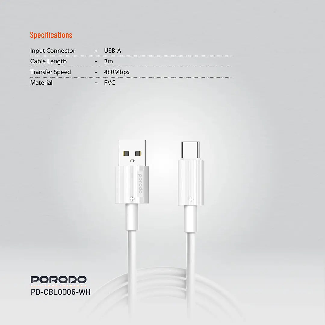 كيبل بورودو يو اس بي اي الى يو اس بي سي بطول 3 متر, شحن سريع | Porodo USB-A to USB-C Durable Charging Cable 3M.