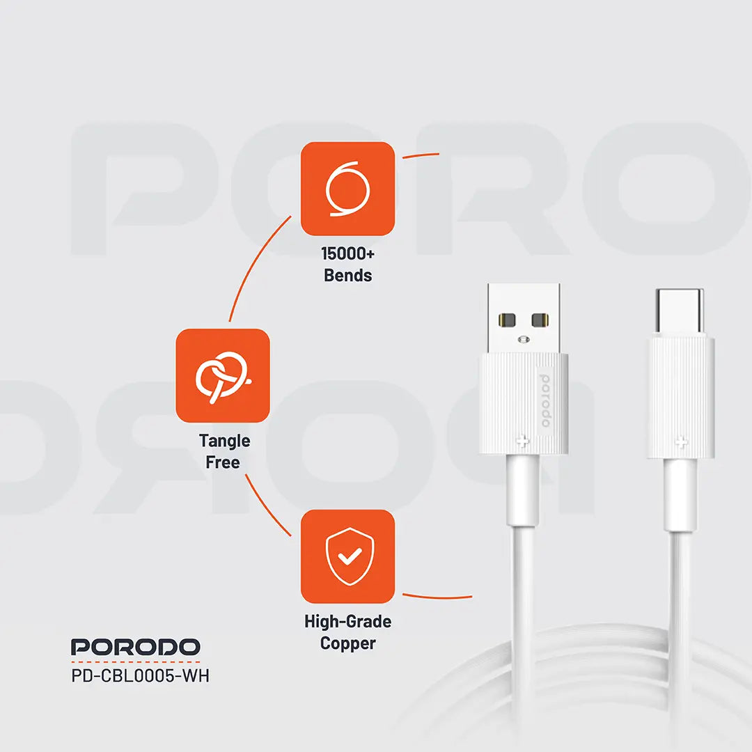 كيبل بورودو يو اس بي اي الى يو اس بي سي بطول 3 متر, شحن سريع | Porodo USB-A to USB-C Durable Charging Cable 3M.