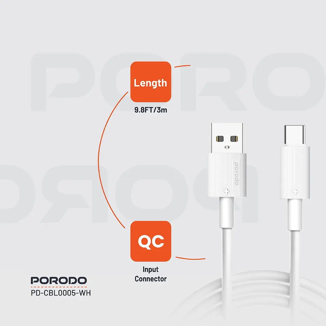 كيبل بورودو يو اس بي اي الى يو اس بي سي بطول 3 متر, شحن سريع | Porodo USB-A to USB-C Durable Charging Cable 3M.