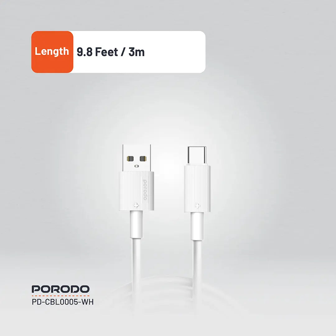 كيبل بورودو يو اس بي اي الى يو اس بي سي بطول 3 متر, شحن سريع | Porodo USB-A to USB-C Durable Charging Cable 3M.