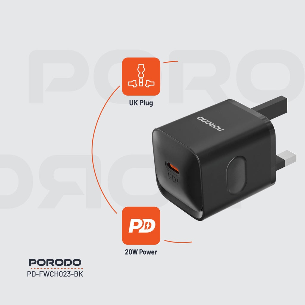 بورودو شاحن سريع 20 واط بمنفذ يو اس بي سي - اسود | Porodo PD20W UK Charger - Black