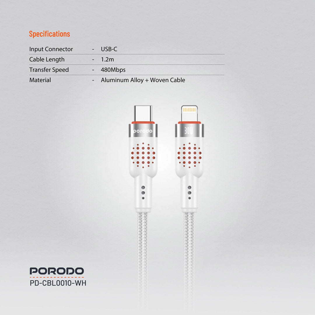 Kabloya USB-C bo Lightning a ji Aluminiumê ya Porodo, 1.2m, Şarjkirina Bilez 30W | Porodo Aluminum.