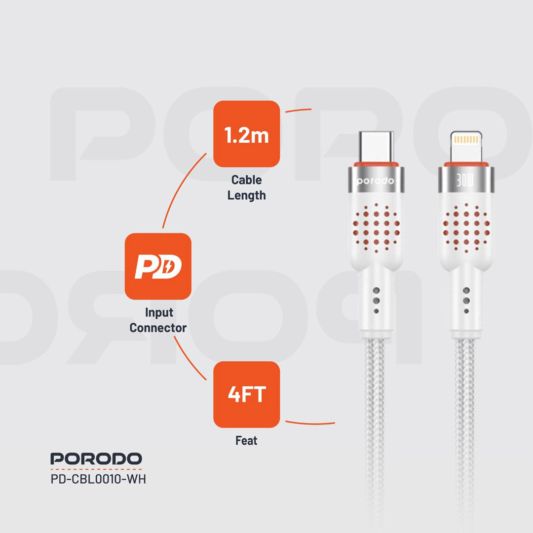 Kabloya USB-C bo Lightning a ji Aluminiumê ya Porodo, 1.2m, Şarjkirina Bilez 30W | Porodo Aluminum.