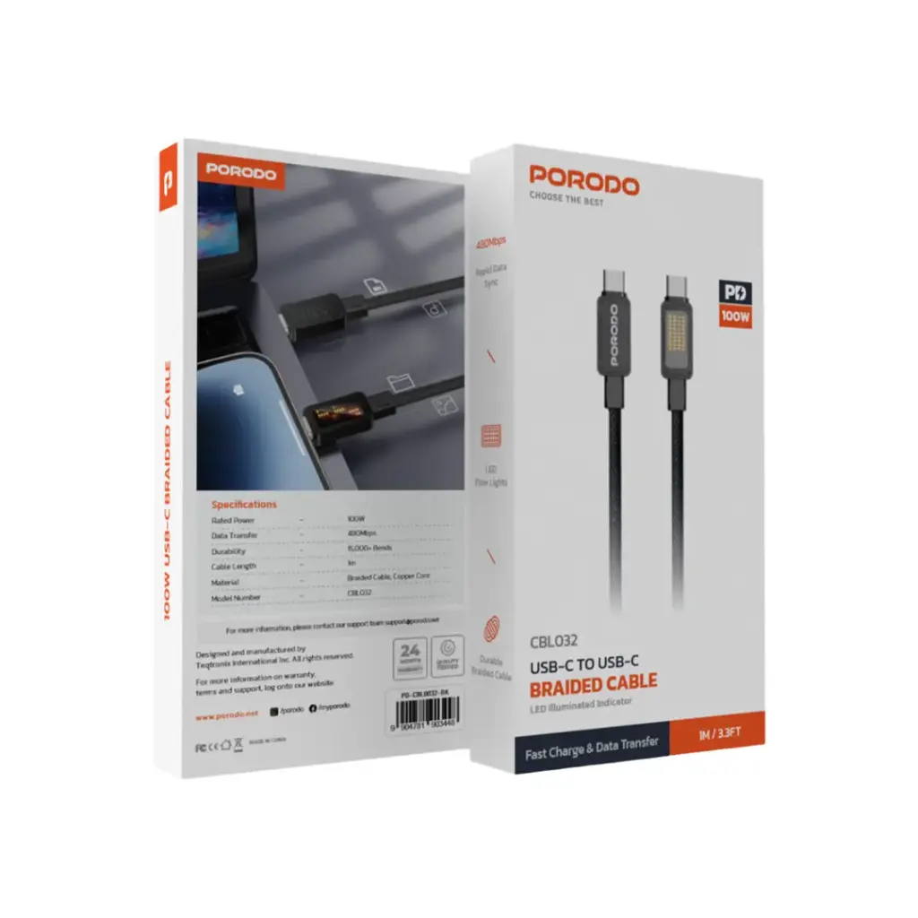 كيبل بورودو يو اس بي سي الى يو اس بي سي مضفر بقدرة 100 واط وطول 1 متر - اسود | Porodo 100W Pixelated Braided USB-C to USB-C 1M Cable - Black.