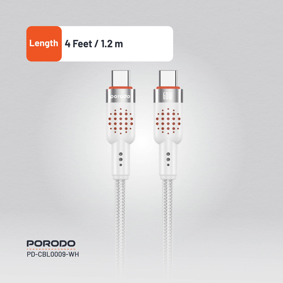 Kabloya USB-C ber bi USB-C ya ji Aluminiumê ya Porodo, 1.2m, Şarjkirina Bilez a 60W | Kabloya Aluminiumê ya Porodo. Kabloya ji Aluminiumê ya ji Aluminiumê ya bi Alloy ve hatî çêkirin, 1.2m