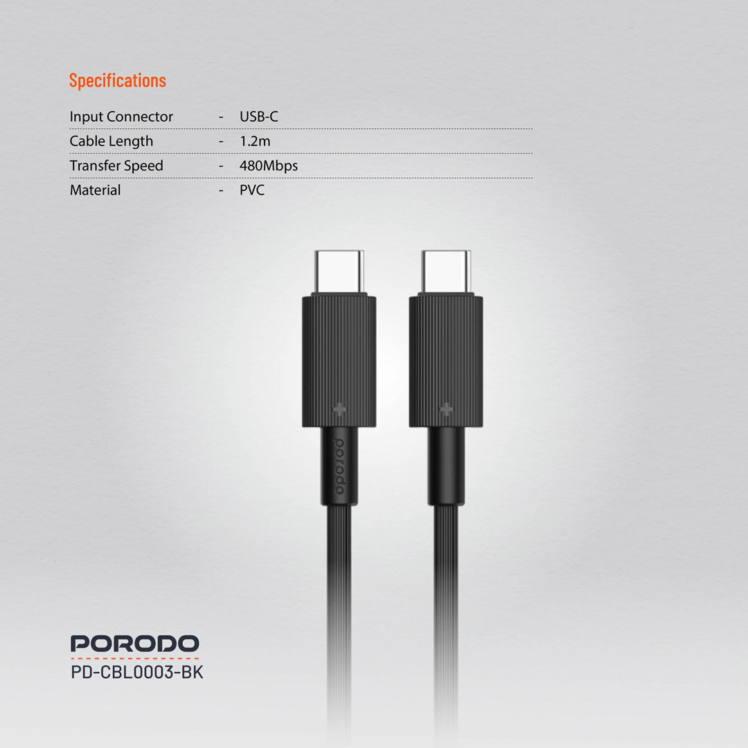 كيبل بورودو يو اس بي سي الى يو اس بي سي بطول 1.2 متر, شحن سريع 60 واط | Porodo USB-C to USB-C PVC Cable 1.2M – 60W PD Fast Charging.