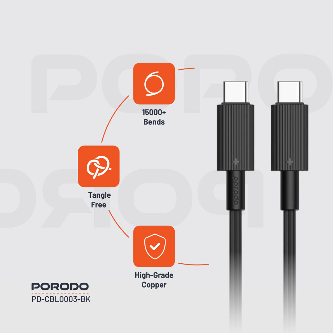 كيبل بورودو يو اس بي سي الى يو اس بي سي بطول 1.2 متر, شحن سريع 60 واط | Porodo USB-C to USB-C PVC Cable 1.2M – 60W PD Fast Charging.