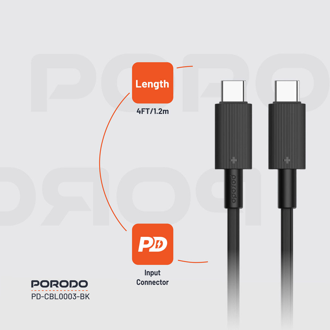كيبل بورودو يو اس بي سي الى يو اس بي سي بطول 1.2 متر, شحن سريع 60 واط | Porodo USB-C to USB-C PVC Cable 1.2M – 60W PD Fast Charging.
