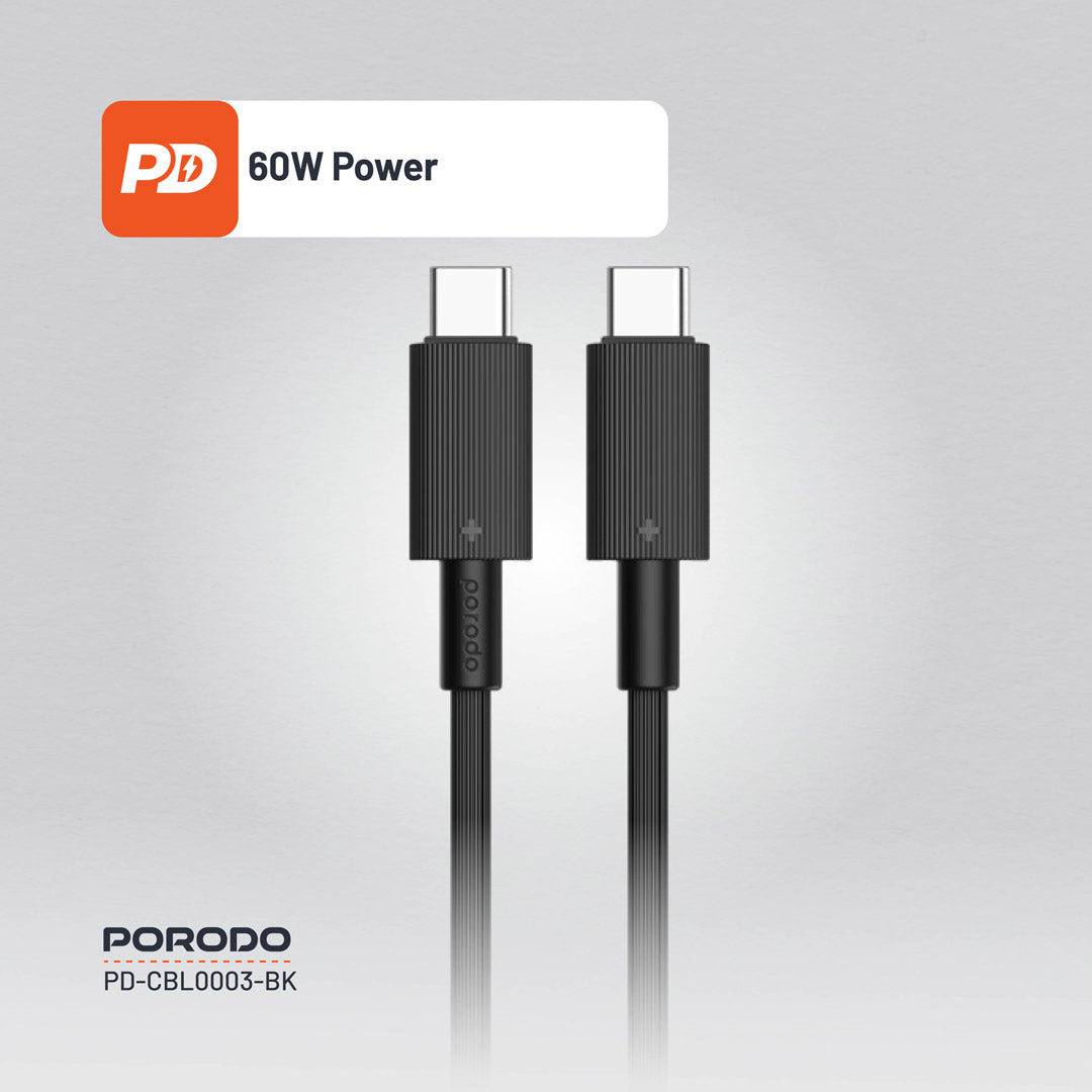 كيبل بورودو يو اس بي سي الى يو اس بي سي بطول 1.2 متر, شحن سريع 60 واط | Porodo USB-C to USB-C PVC Cable 1.2M – 60W PD Fast Charging.