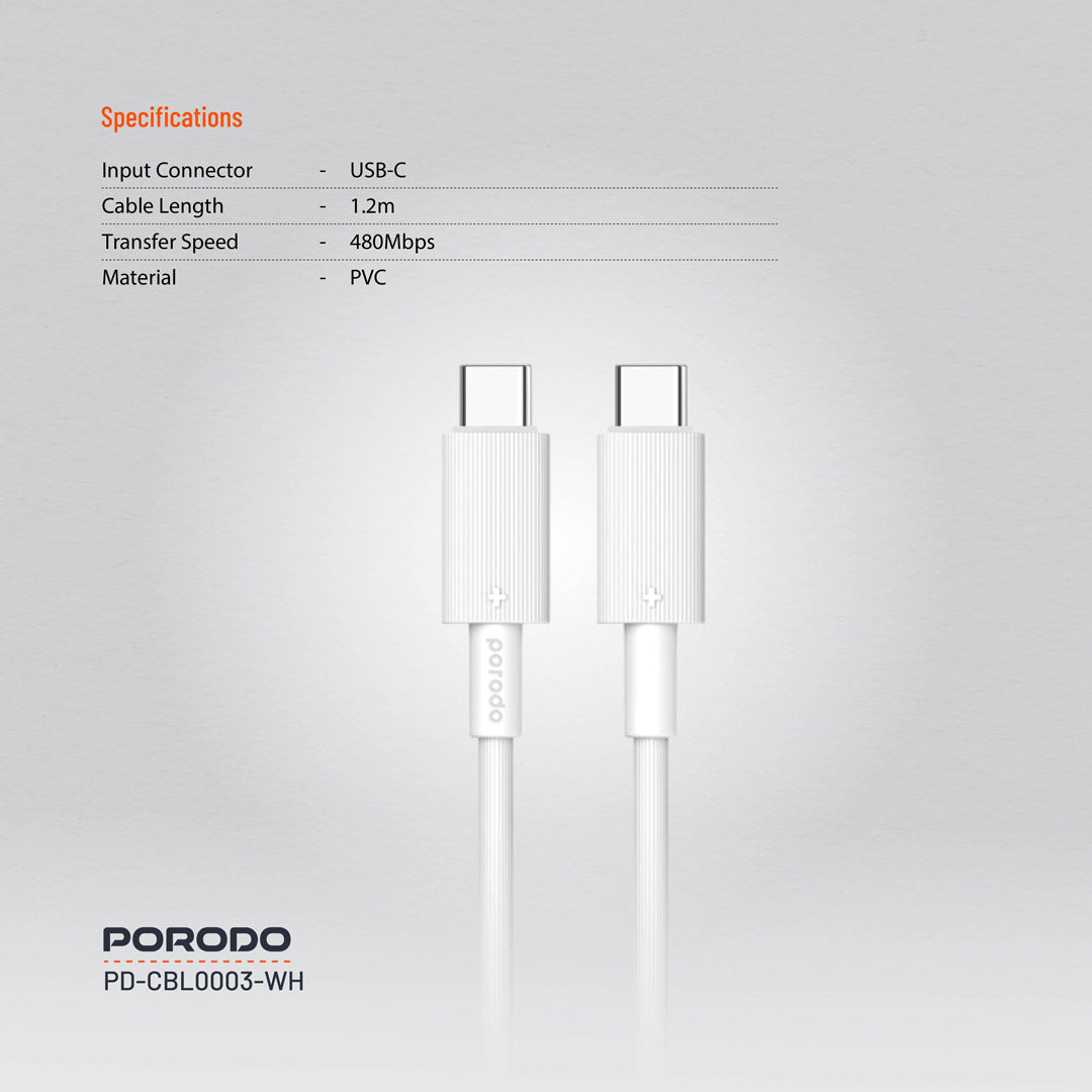 كيبل بورودو يو اس بي سي الى يو اس بي سي بطول 1.2 متر, شحن سريع 60 واط | Porodo USB-C to USB-C PVC Cable 1.2M – 60W PD Fast Charging.