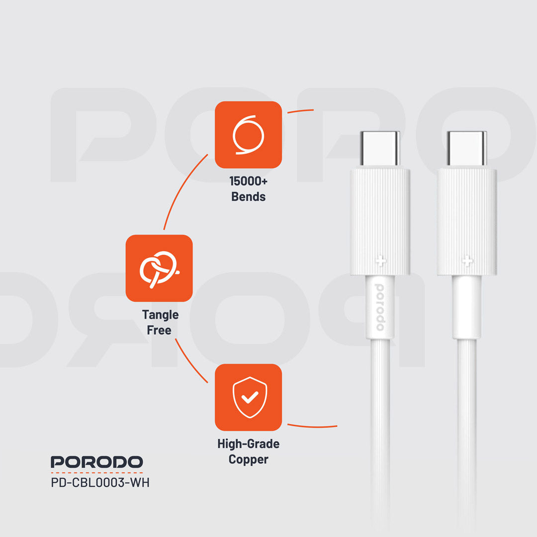 كيبل بورودو يو اس بي سي الى يو اس بي سي بطول 1.2 متر, شحن سريع 60 واط | Porodo USB-C to USB-C PVC Cable 1.2M – 60W PD Fast Charging.