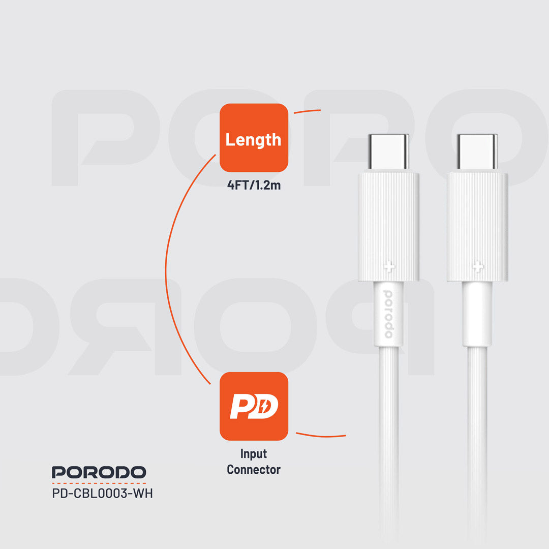 كيبل بورودو يو اس بي سي الى يو اس بي سي بطول 1.2 متر, شحن سريع 60 واط | Porodo USB-C to USB-C PVC Cable 1.2M – 60W PD Fast Charging.